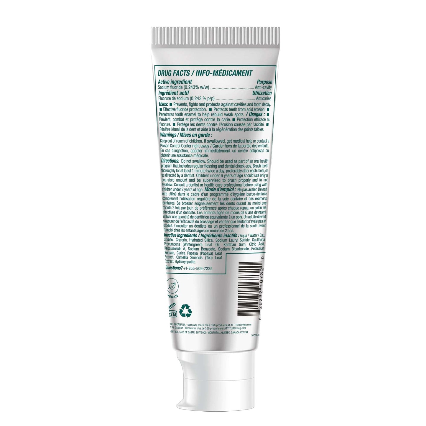 Attitude Complete Care Toothpaste with Fluoride, Spearmint Flavor, EWG Verified, Vegan & Cruelty-Free, Sugar-Free, Plant & Mineral-Based Ingredients, Clean Oral Care, 4.2 Oz