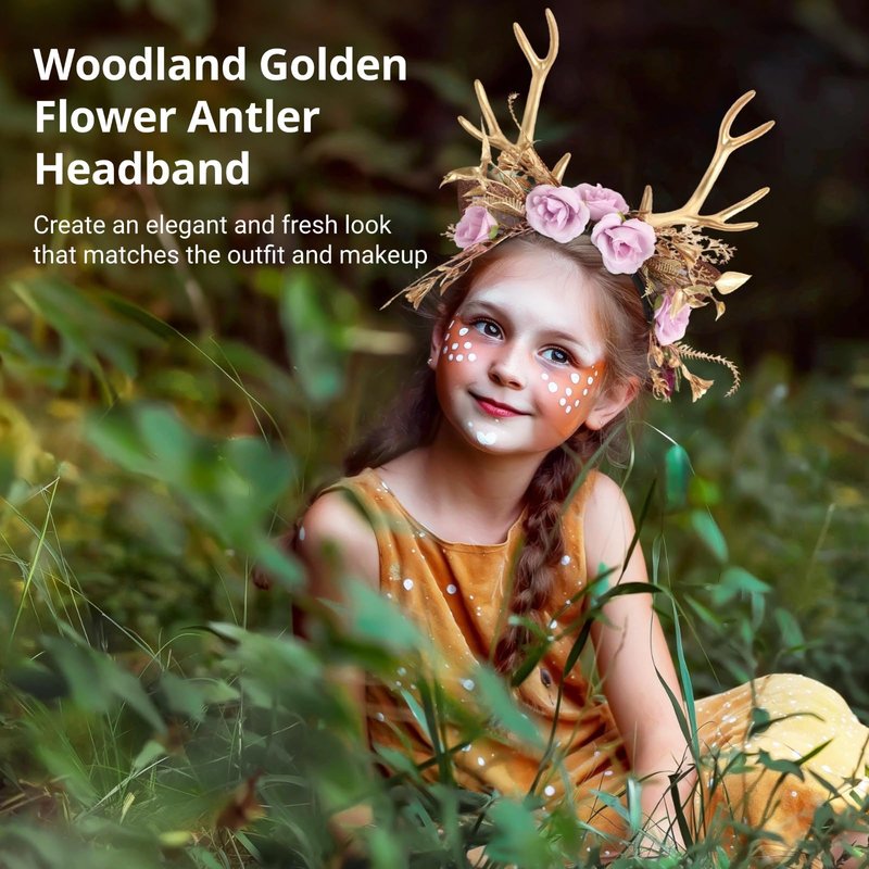 SalLady Christmas Reindeer Ear Headband - Golden Flower Antler Hairband, Woodland Floral Antler Headpiece for Women, Elk Headwear for Holiday Birthday Party Photo Props