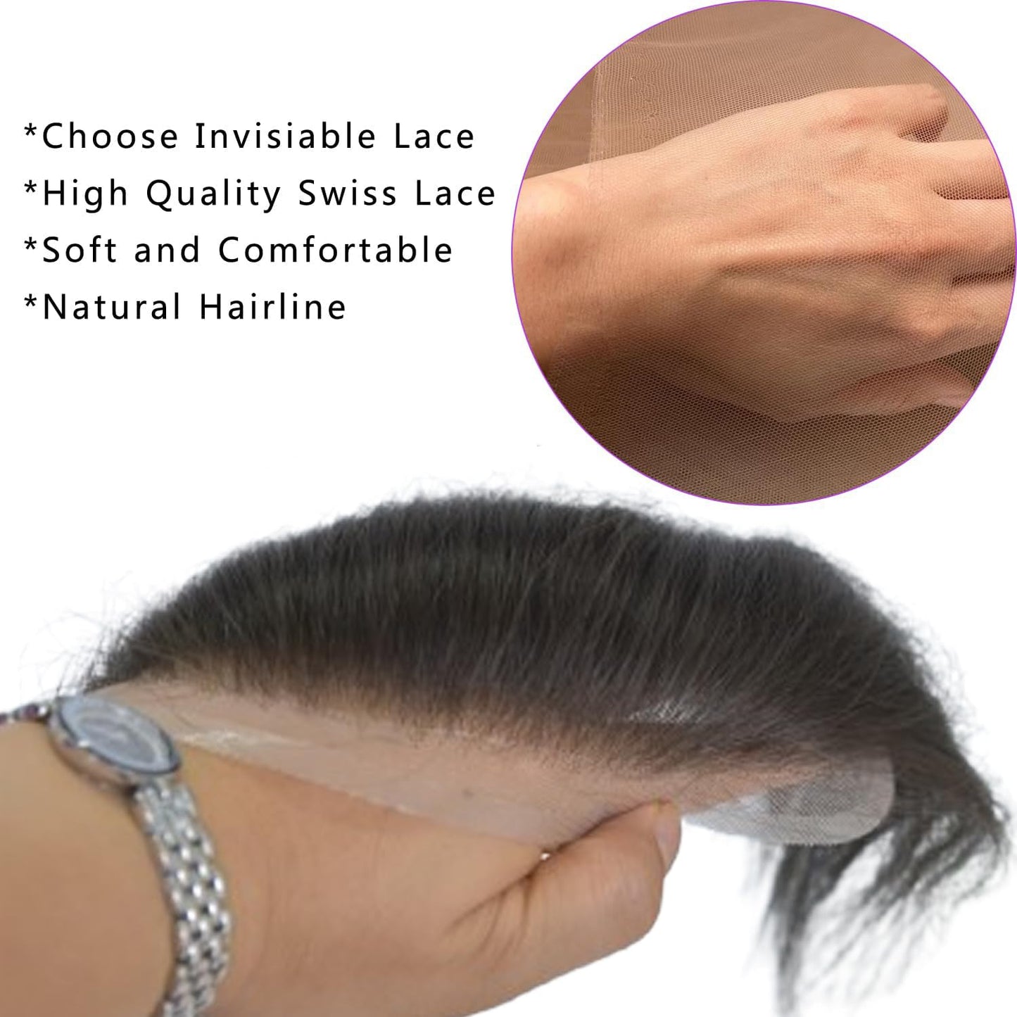 Vennsian Receding Forehead Natural Hairline Full Swiss Lace Frontal Toupee Real Human Hair Replacement System Frontal Hair Topper (1B Black Color, 1.57x7.08 INCH)
