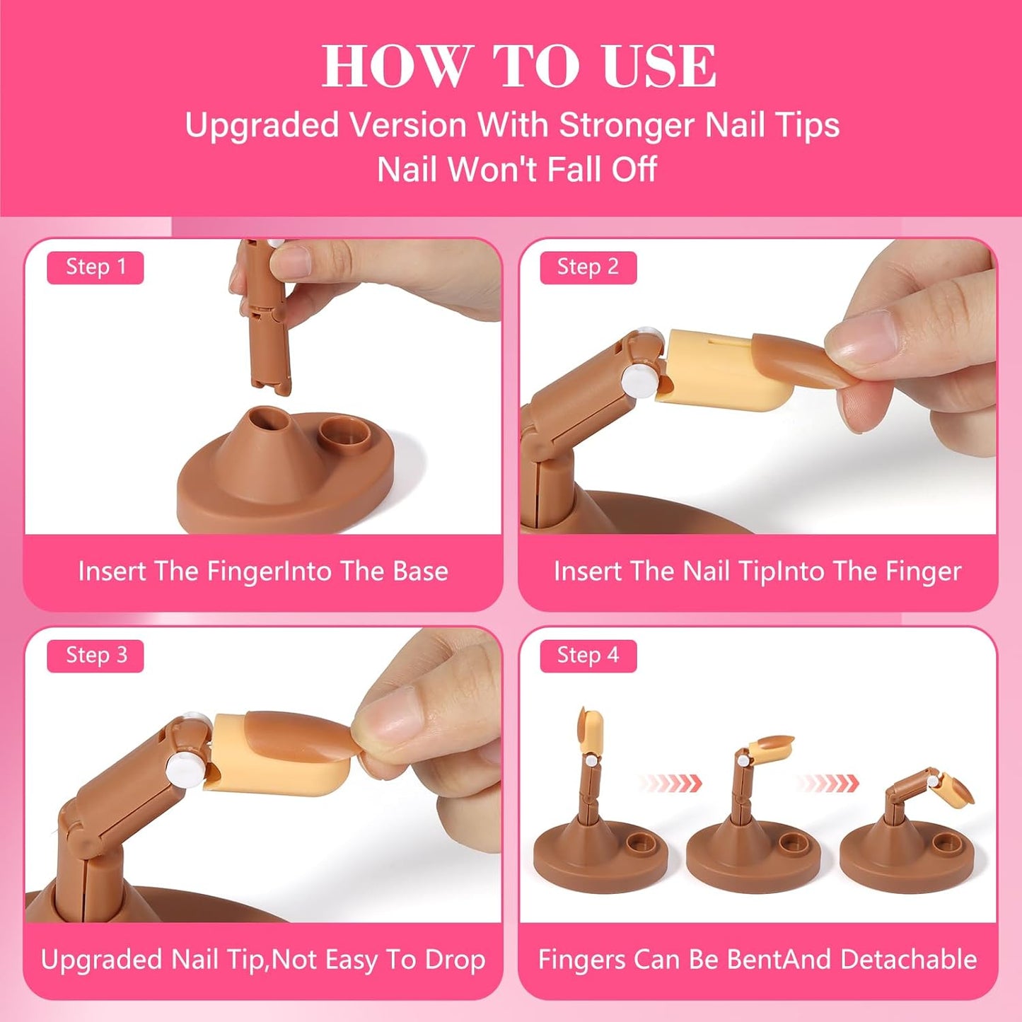 Acrylic Practice Fingers - 3PCS Fake Hands for Nail Training | Includes 200PCS Brown Nail Tips