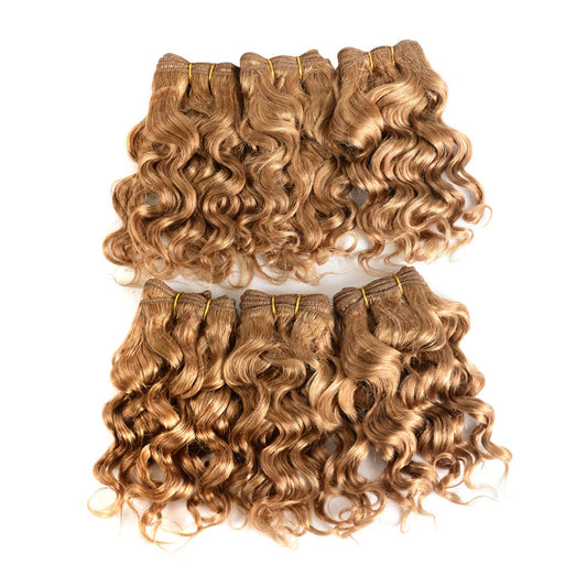 Aiokrtse Brazilian Virgin Hair 100% Human Hair Weave Bundles Curly Hair 6 bundles 8 inches with 1 closure #27 Blonde Color(6 bundles 8 inches=about 230 grams or 8.11 ounces)