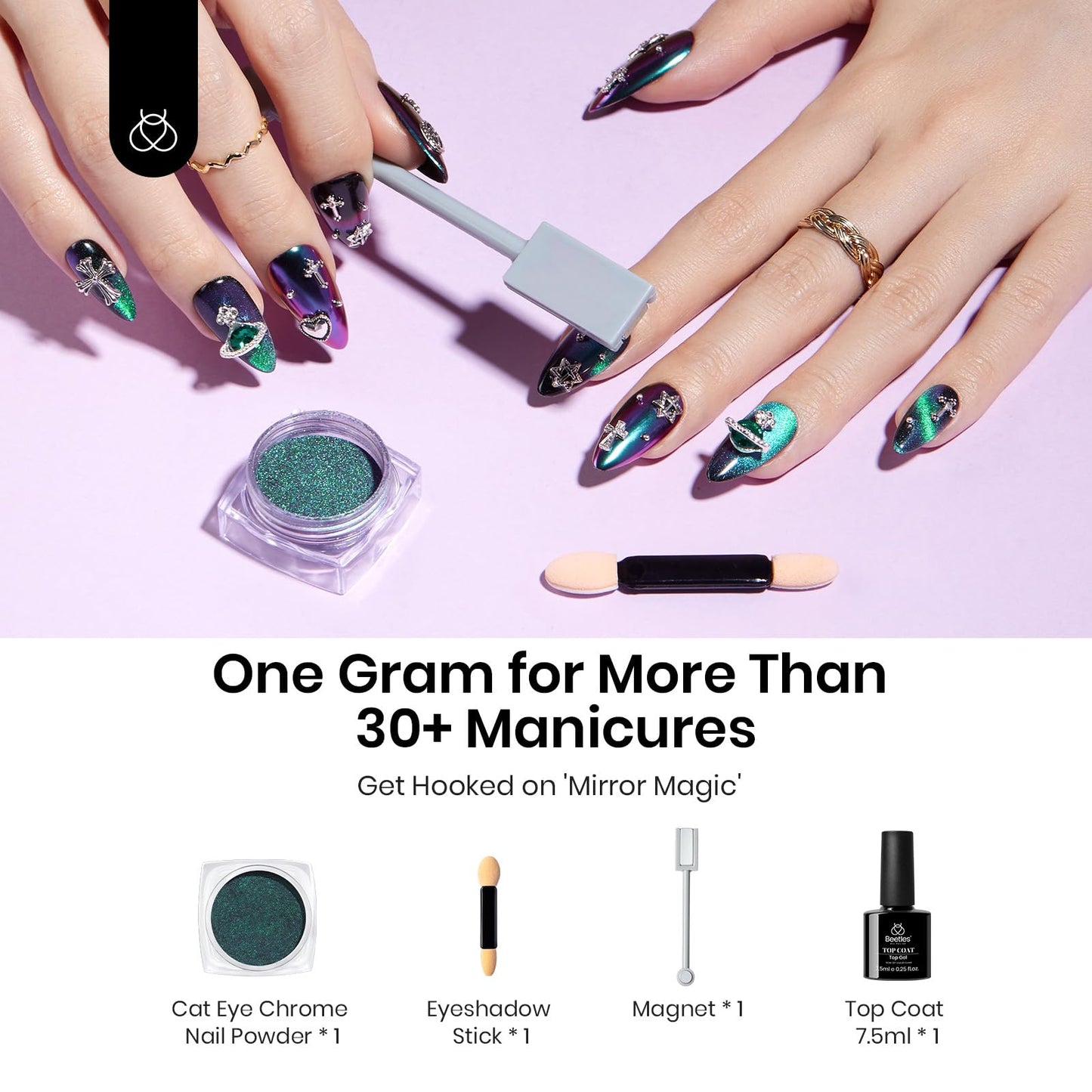 Beetles Cat Eye Chrome Nail Powder Set, 2 in 1 Holographic Metallic Mirror Effect Chameleon Galaxy Powder with No Wipe UV Gel Top Coat Magnet for Velvet Metallic Nail Art