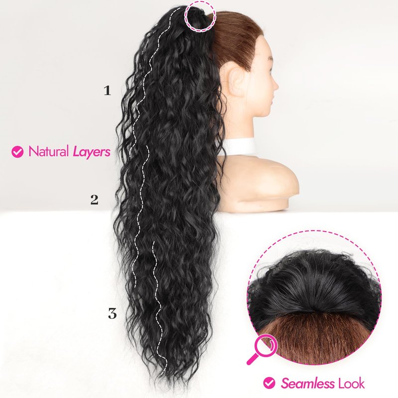 KooKaStyle Ponytail Extension 30 Inch Drawstring Pony Tails Hair Extensions for Women Long Curly Ponytail Synthetic Hairpieces for Daily Wear, Party, Gym（Black-1B）