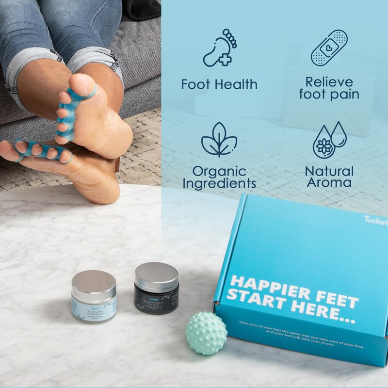 Tucketts Foot Spa Kit for Women - More than a Pedicure Kit with Foot Massage Ball, Toe Separators for Bunions, Charcoal Foot Scrub, Shea Butter Moisturizer for Dry Feet, Self Care Gifts for Women