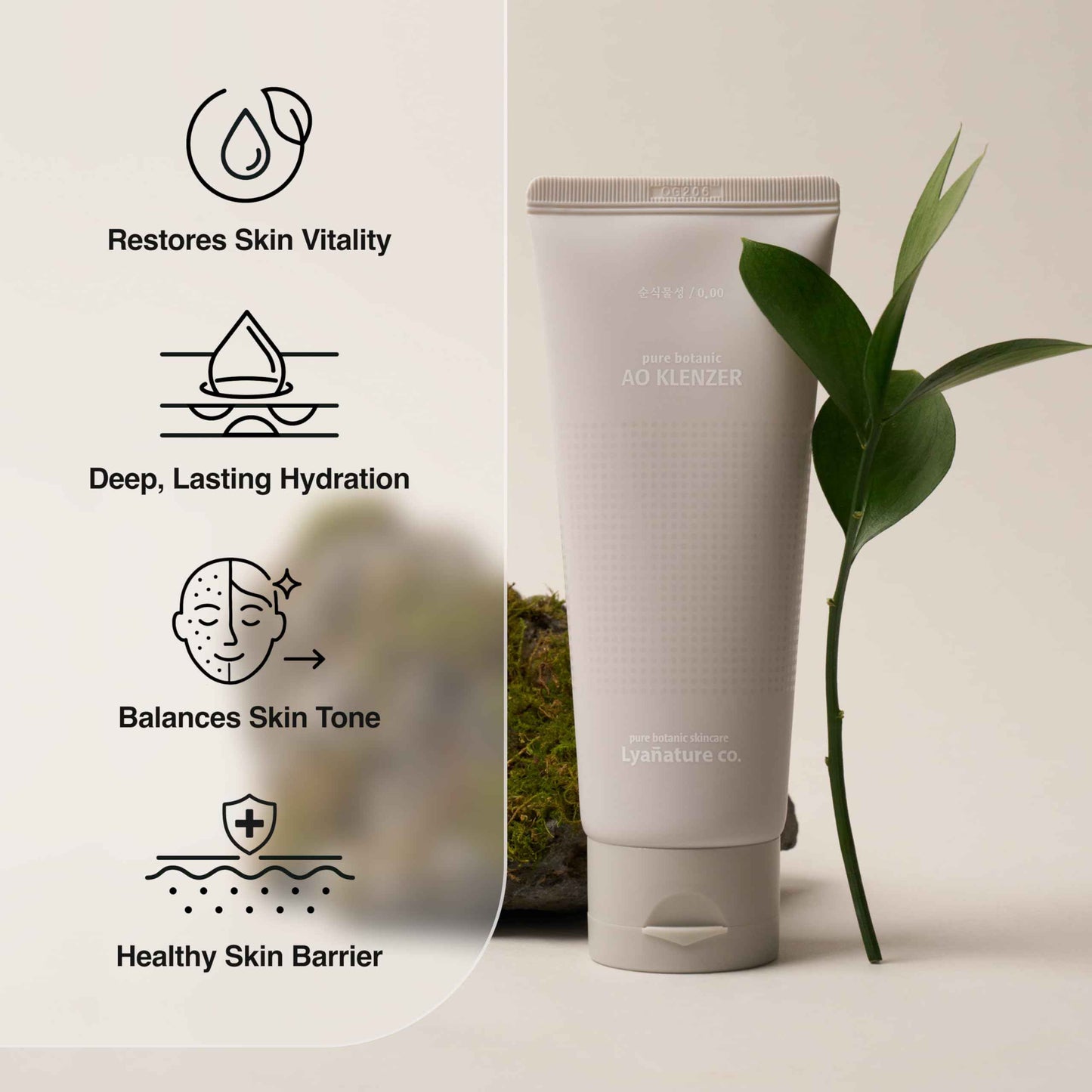 Lyanature AO KLENZER – Organic Korean Face Wash, Vegan Facial Cleanser, Gentle pH-Balanced All-Natural Cleansing Foam, Non-Toxic & Paraben-Free, Korean Moisturizer Skincare (3.53 oz / 100g)