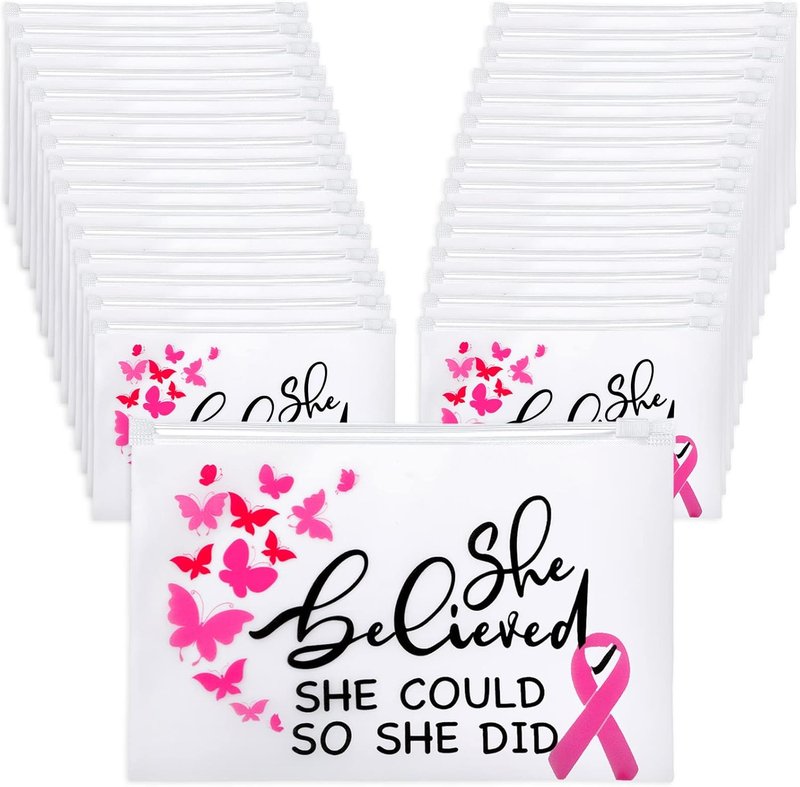 Breast Cancer Awareness Makeup Bags - Pink Ribbon Zippered Cosmetic Pouches | 100 Pieces, EVA Waterproof Toiletry Bags for Charity Events