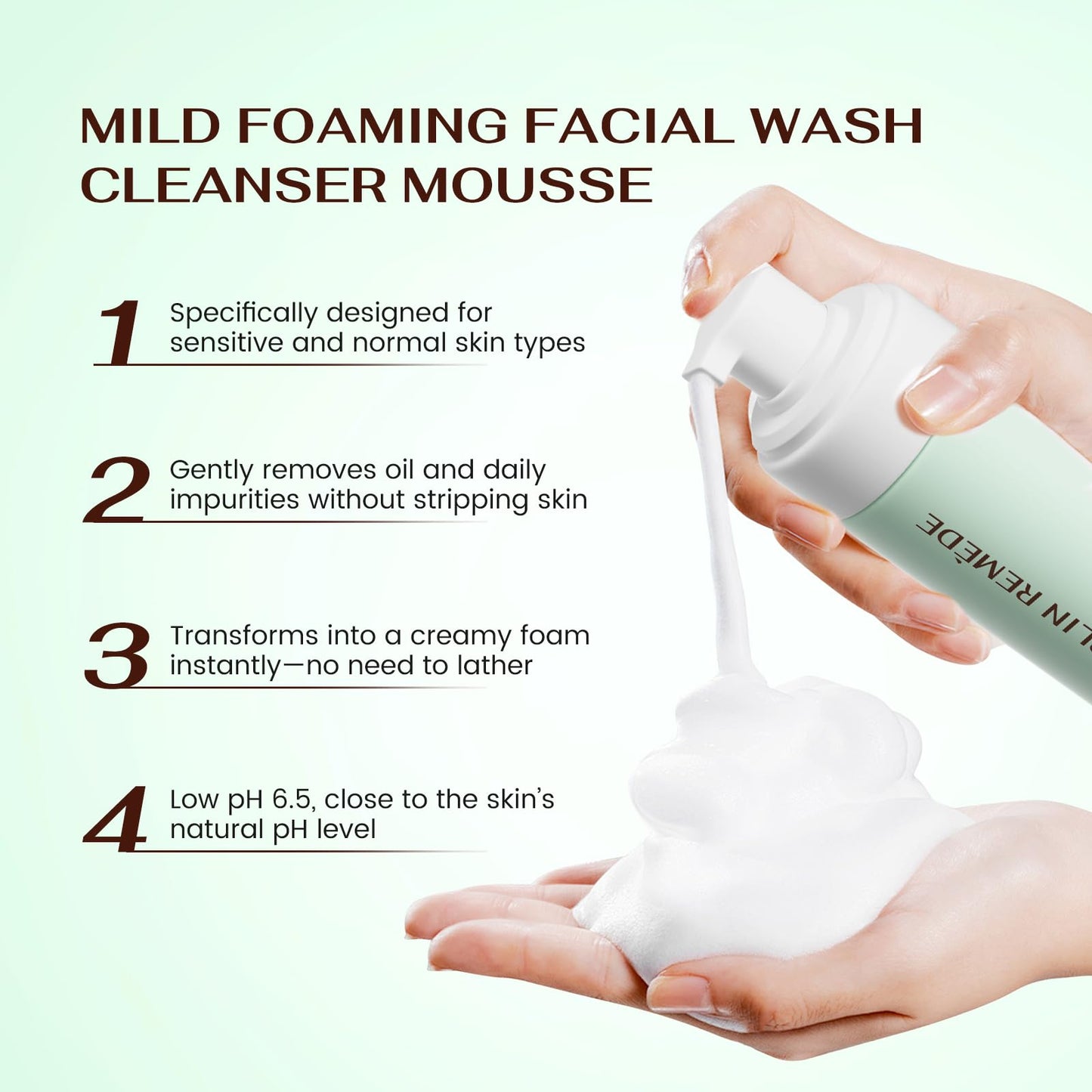 Emerlin Remède Mild Foaming Facial Wash Cleanser Mousse with Aloe Leaf Water, Amino Acids & Vitamin B5, Gentle Hydrating Face Wash for All Skin Types, 200ml