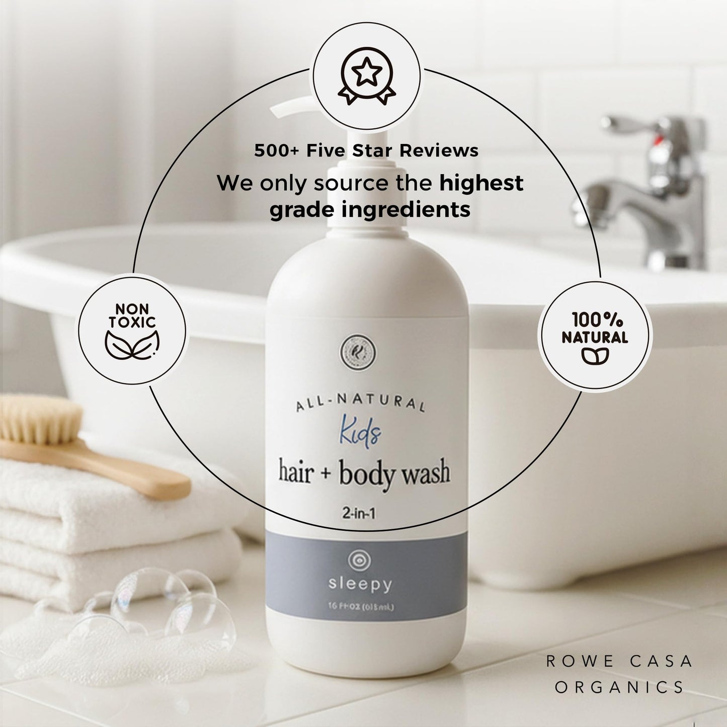 Rowe Casa Organics 2-in-1 Kids Hair & Body Wash with Therapeutic Essential Oils – Sleepy Kids Shampoo & Body Wash with Floral, Relaxing & Calming scent – 16 Fl. Oz