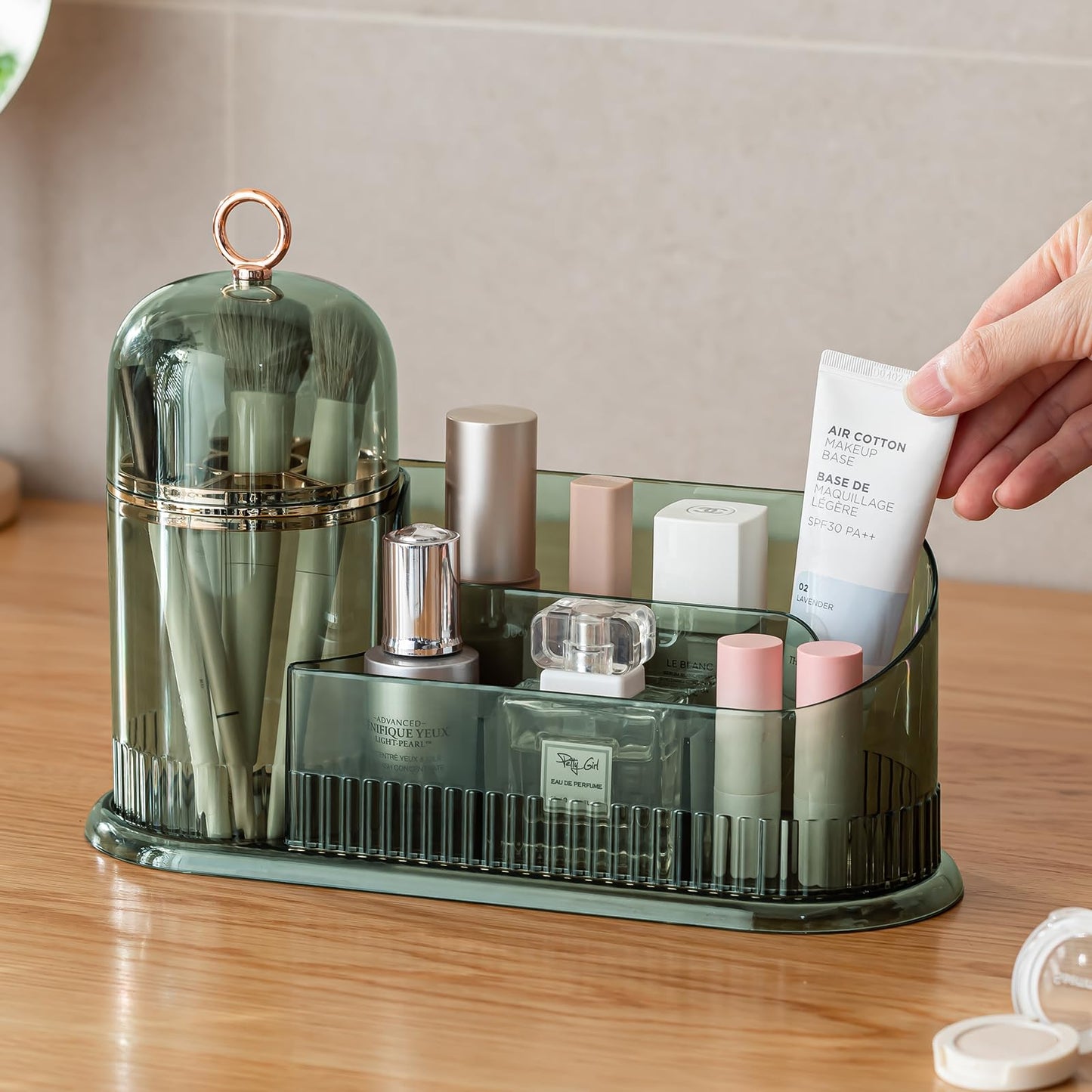 CANITORON Makeup Organizer for Vanity, Skincare Organizer With Brush Holder, Partitioned Storage Cosmetic Display Cases for Bedroom Countertop and Bathroom Storage - CB-Green