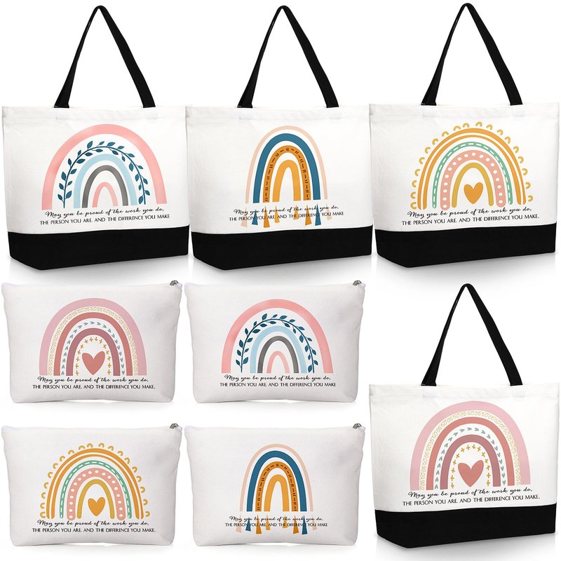 Kajaia 8 Pcs Teacher Appreciation Gift Bulk Canvas Tote Bag Cosmetic Bag Rainbow Teachers Day Thank You Gifts Graduation(Boho)