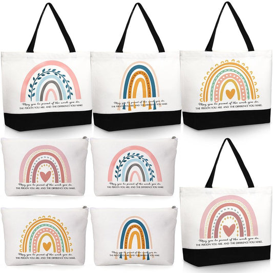 Kajaia 8 Pcs Teacher Appreciation Gift Bulk Canvas Tote Bag Cosmetic Bag Rainbow Teachers Day Thank You Gifts Graduation(Boho)