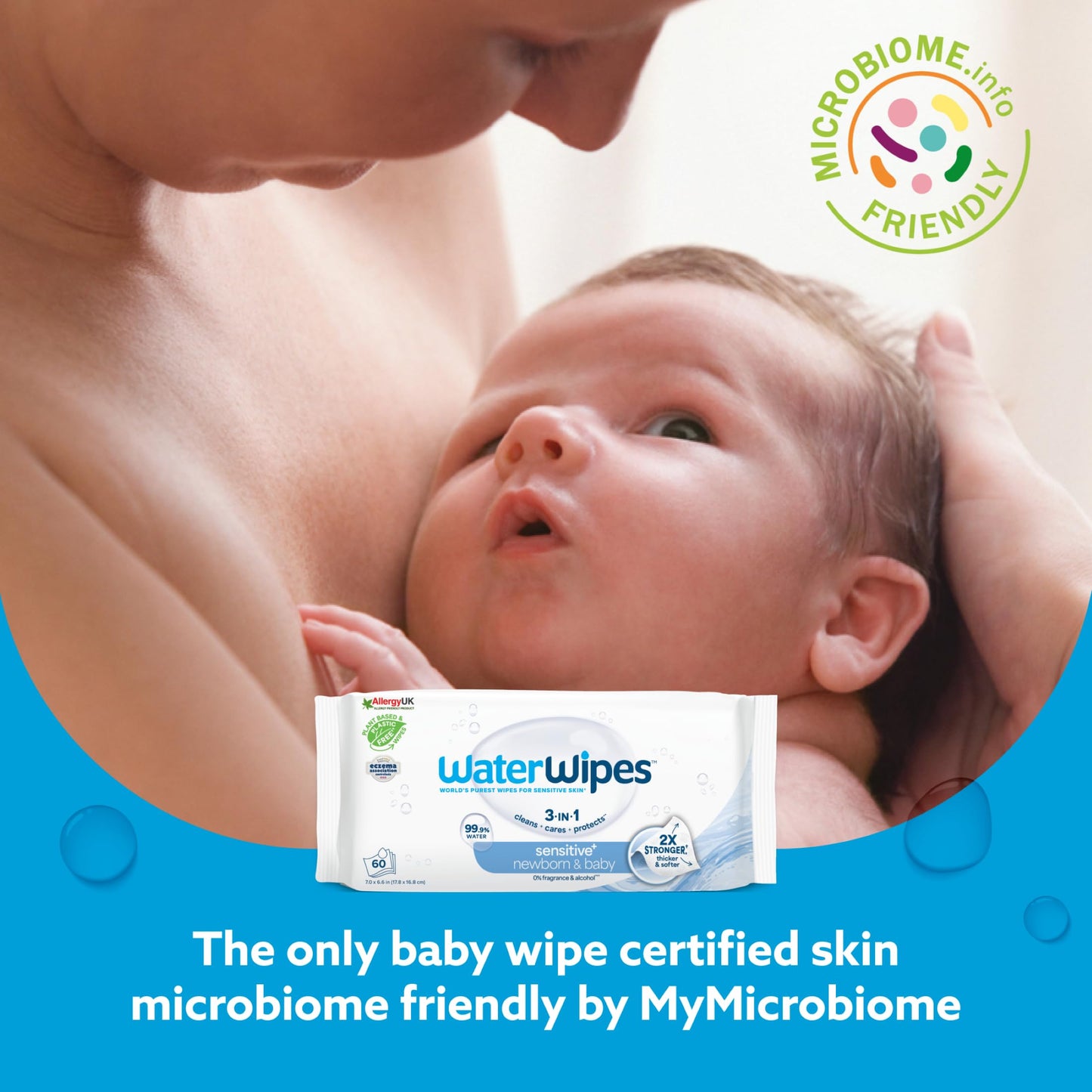 WaterWipes Sensitive+ Newborn & Baby Wipes, 3-In-1 Cleans, Cares, Protects, 99.9% Water, Unscented & Hypoallergenic, 60 Count