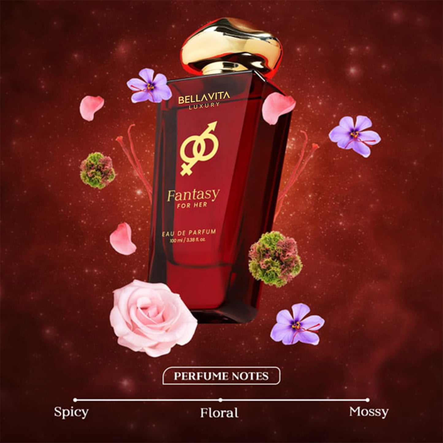 BELLAVITA Luxury Fantasy FOR HER Eau de Parfum | 100 ml (3.4 fl.oz.) | Perfume for Women | Oriental-Floral, Saffron, Jasmine, and Moss Notes | Long Lasting Women's Fragrance