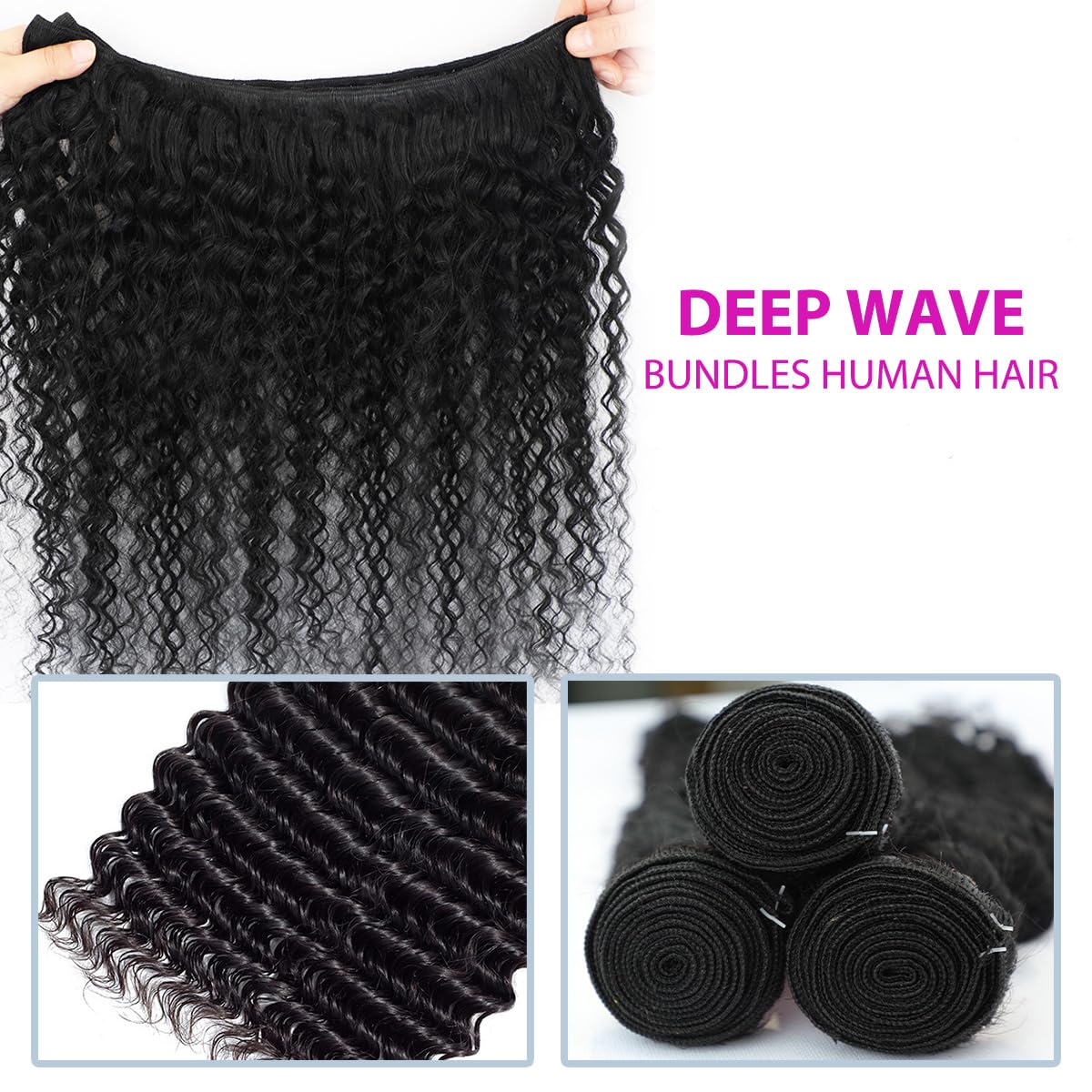 1 Bundle Human Hair 12A Deep Wave Bundles Human Hair 22 Inch 100% Unprocessed Brazilian Virgin Hair Quick Weave Bundles Real Human Hair Extensions Natural Black