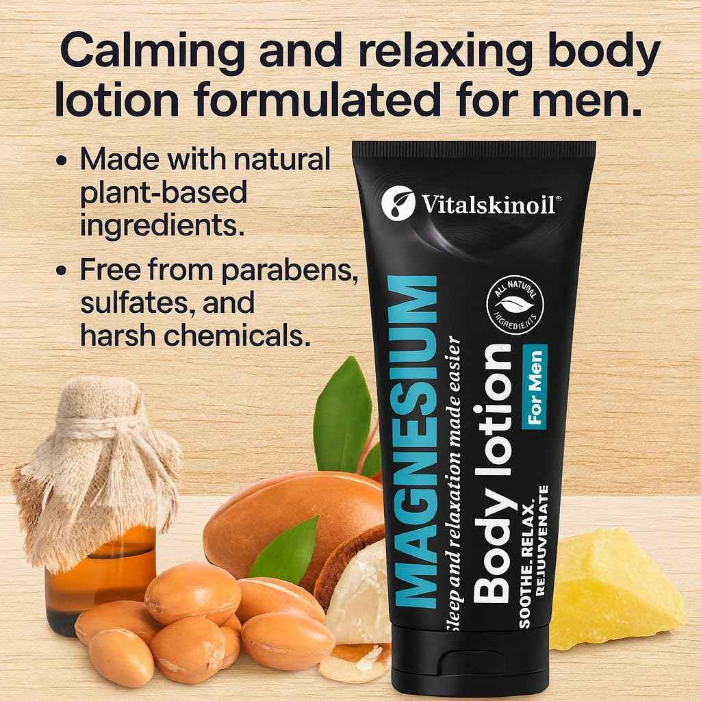VITALSKINOIL Magnesium Glycinate Body Lotion ache soothing, promotes sleep and relaxation. Cologne Scented, 5.29 oz, Sleep Easy Formula
