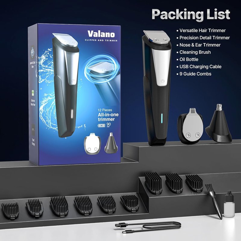 Valano Beard Trimmer - All-in-One Cordless Electric Hair Clippers for Men | Rechargeable Grooming Kit for Mustache, Nose & Body
