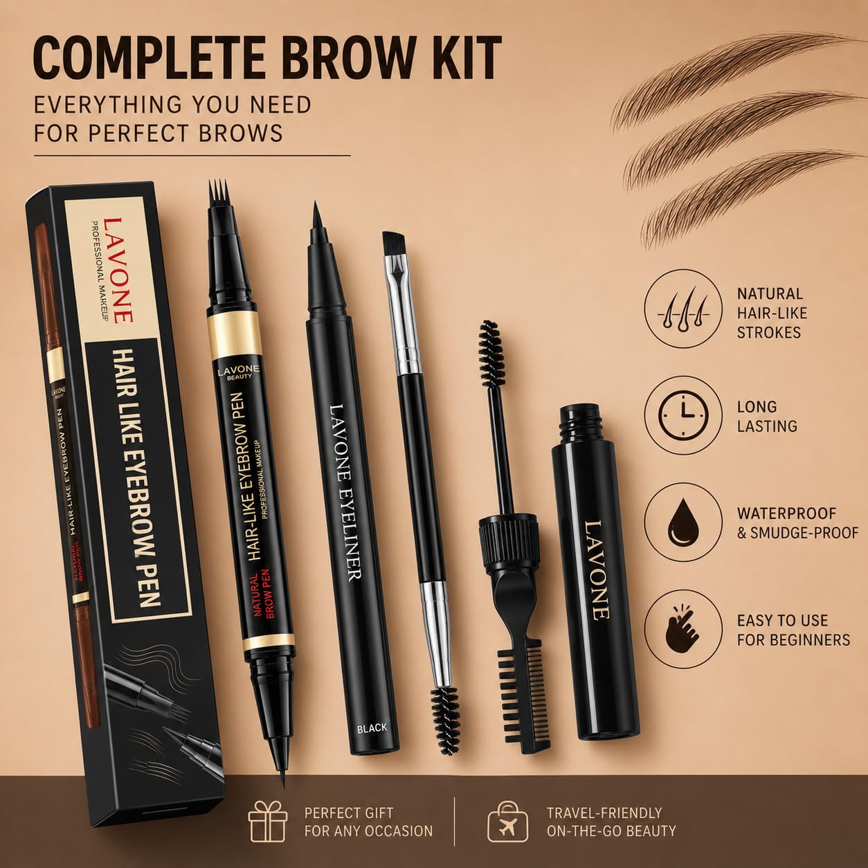 LAVONE Eyebrow Makeup Kit, Waterproof Eyebrow Pen, Brow Wax and Eyeliner Set with Dual-Ended Brow Brush for Naturally Fuller Brows, Smudge-Proof (Dark Brown)