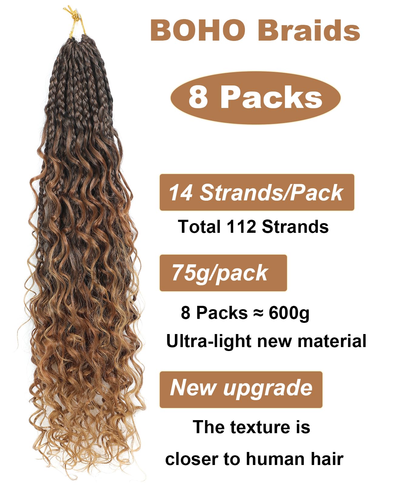 Pintress Boho Crochet Briads - Ombre Blonde Brown 24 Inch 8 Packs Pre-looped Goddess Box Braids with Curly Ends for Women (24inch, 1B/30/27#)