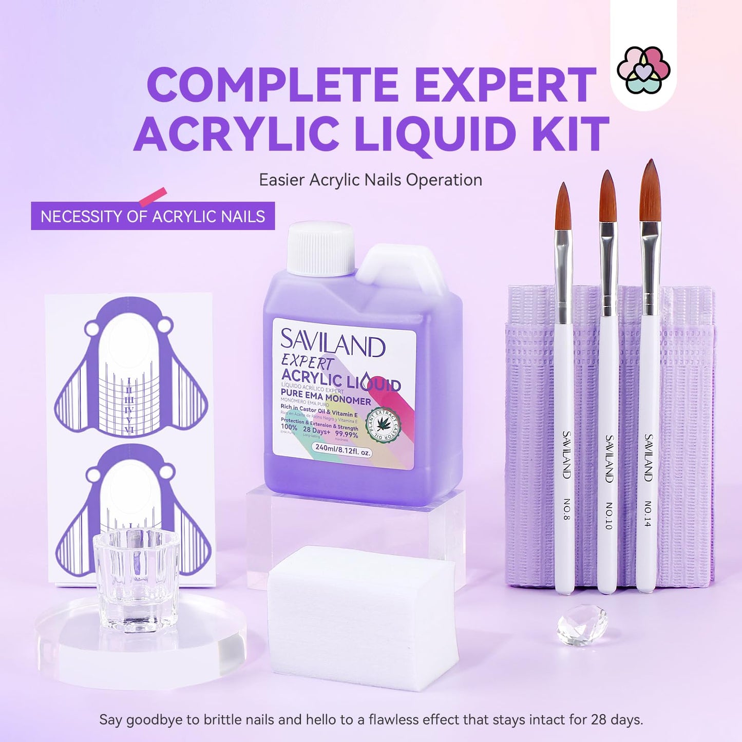 SAVILAND 8OZ EMA Acrylic Liquid Monomer: Pure EMA Odorless Liquid Monomer Professional Nail Monomer Liquid Kit for Acrylic Powder with Acrylic Brush Dappen Dish Nail Table Mat Nail Tech Salon