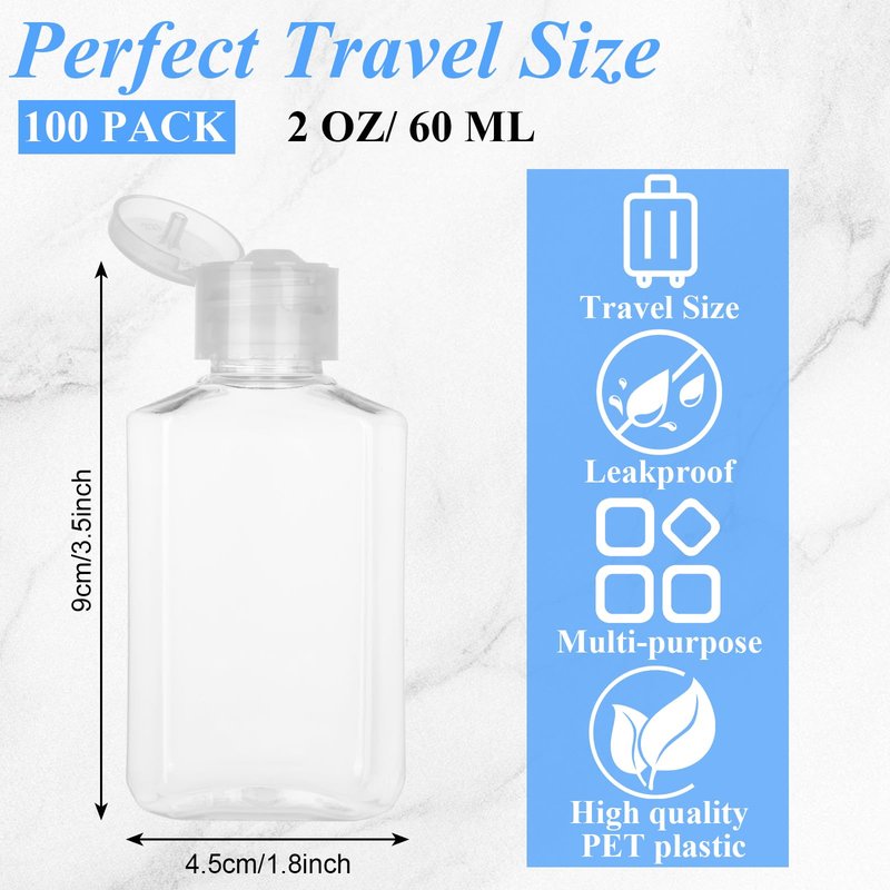 CYEAH 100 PCS 2 Oz Empty Hand Sanitizer Bottles, Clear Refillable Flip-Top Bottles, Plastic Travel Size Bottle with Flip Cap, Refillable Hand Sanitizer Holder for Travel, Business Trip and Camping