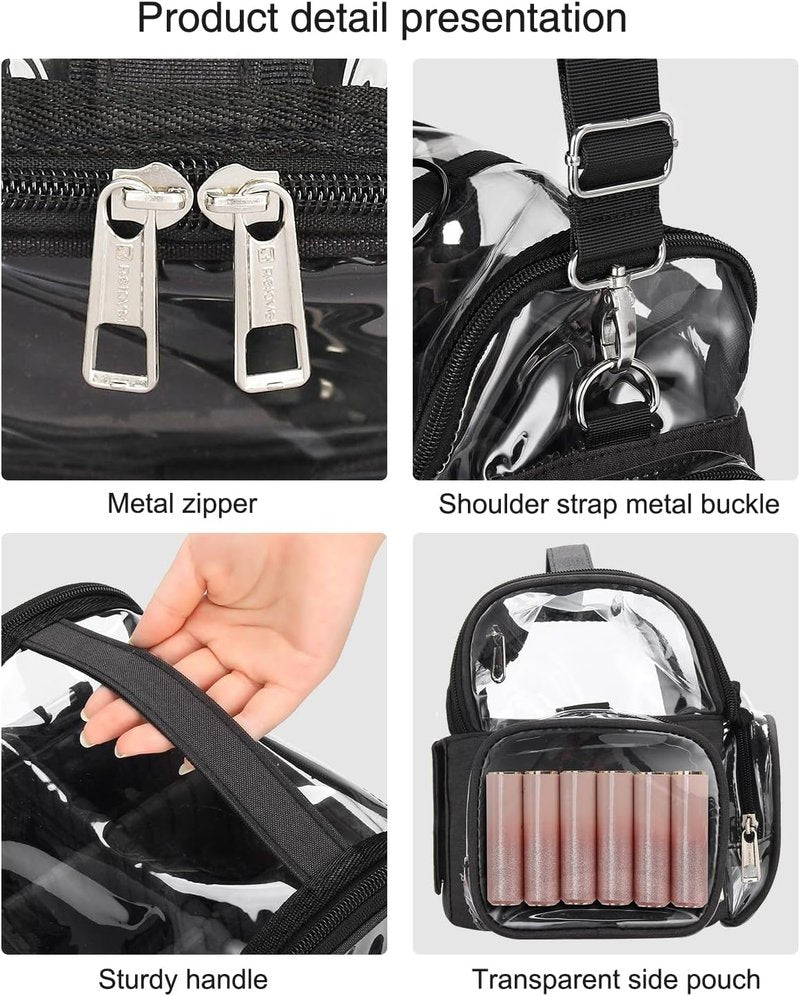 Clear Makeup Brush Case - Stand-Up Cosmetic Organizer for Professionals | Adjustable Divider & Strap - X-Large Black