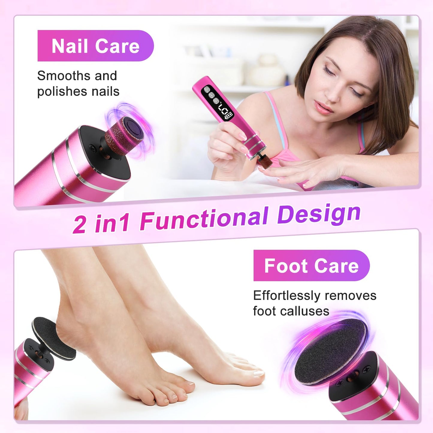 Electric Foot File, 2 in 1 Electric Foot Callus Remover, Adjustable 9 Speed Rechargeable Pedicure Foot Filer with LED Display, Replaceable Sandpaper Discs & Nail Bands (Rose Gold)