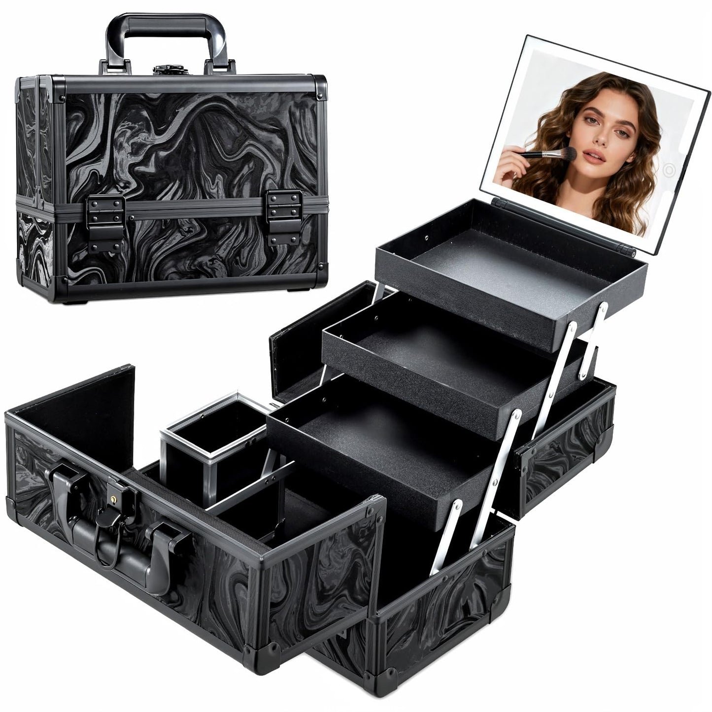 Faquenc Travel Makeup Case with LED Lighted Mirror - 11.6" Portable Makeup Organizer Box, Cosmetic Train Case with Detachable Brush Holder - Fluid Black