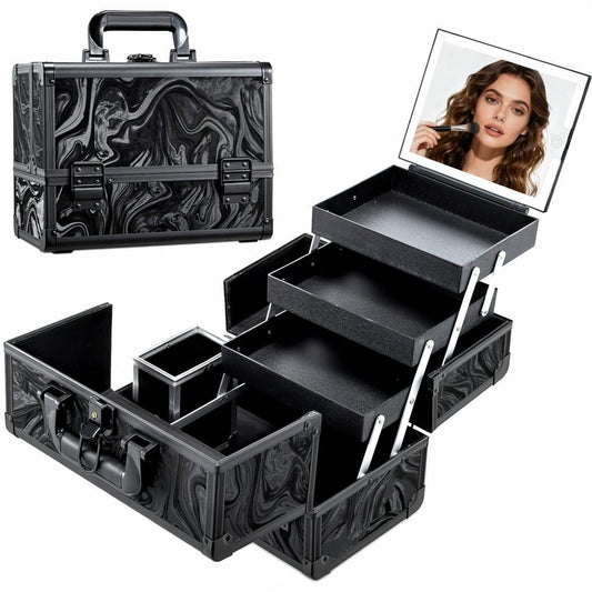 Faquenc Travel Makeup Case with LED Lighted Mirror - 11.6" Portable Makeup Organizer Box, Cosmetic Train Case with Detachable Brush Holder - Fluid Black