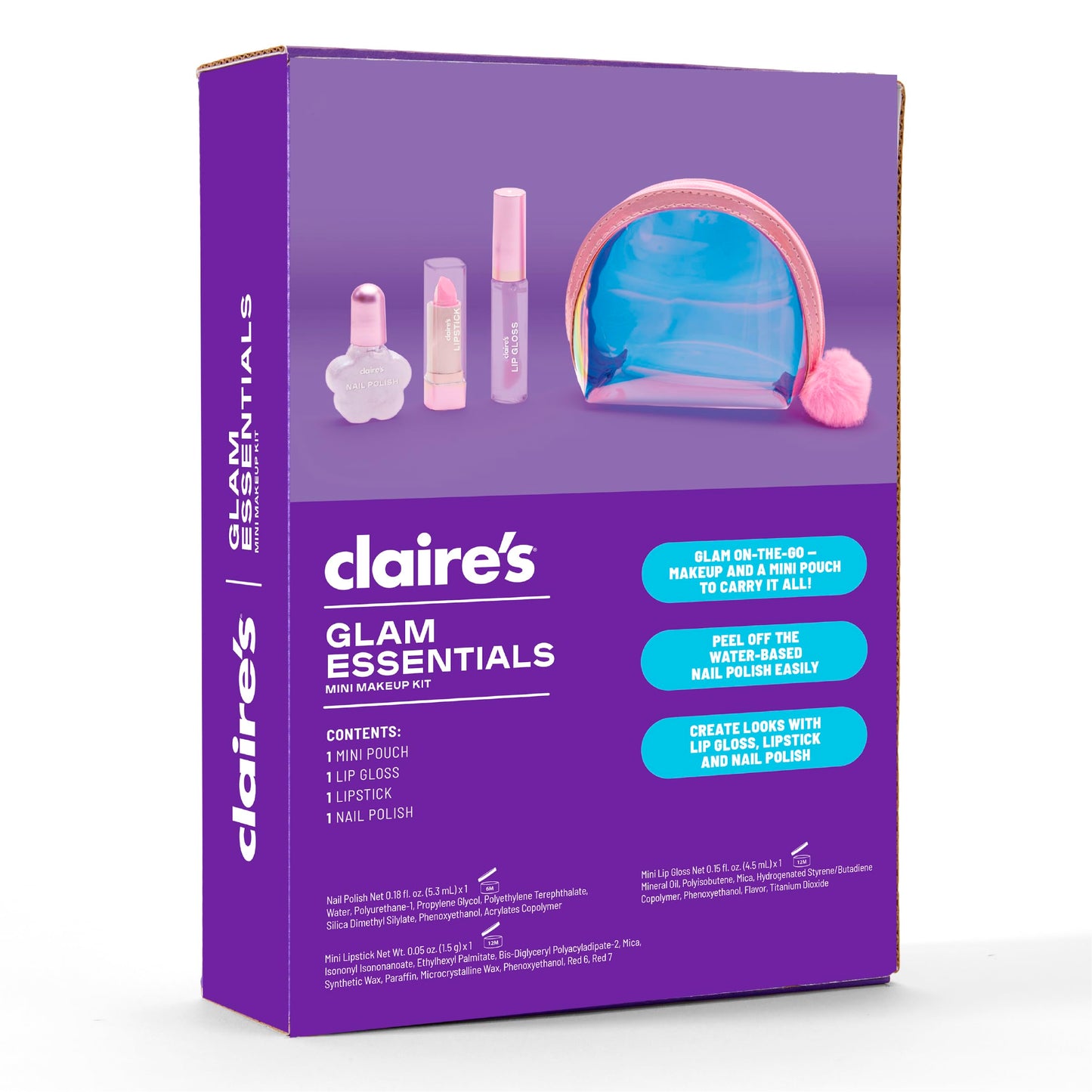 Claire's Glam Essentials Kids Makeup Kit, 4-Piece Real Cosmetic Set with Mini Pouch, Lip Gloss, Lipstick & Nail Polish, Pretend Play Make Up for Kids Ages 6+, Girl Toys & Beauty Activity Gift