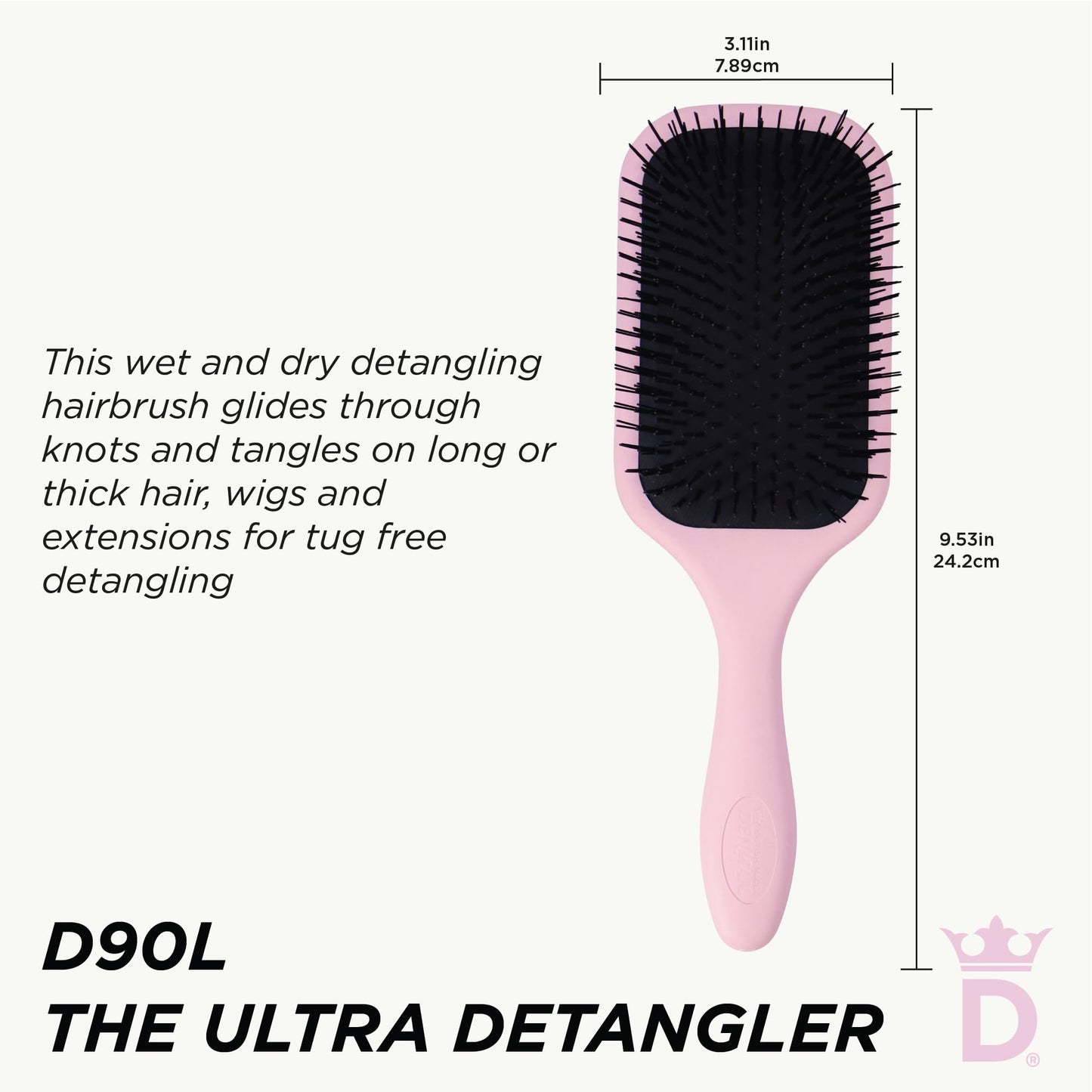 Denman Ultimate Detangling Hair Brush - Wet & Dry Detangler Brush for Long Hair, Wigs & Extensions - Ideal Hair Brushes for Women and Men, D90L Pink Crush