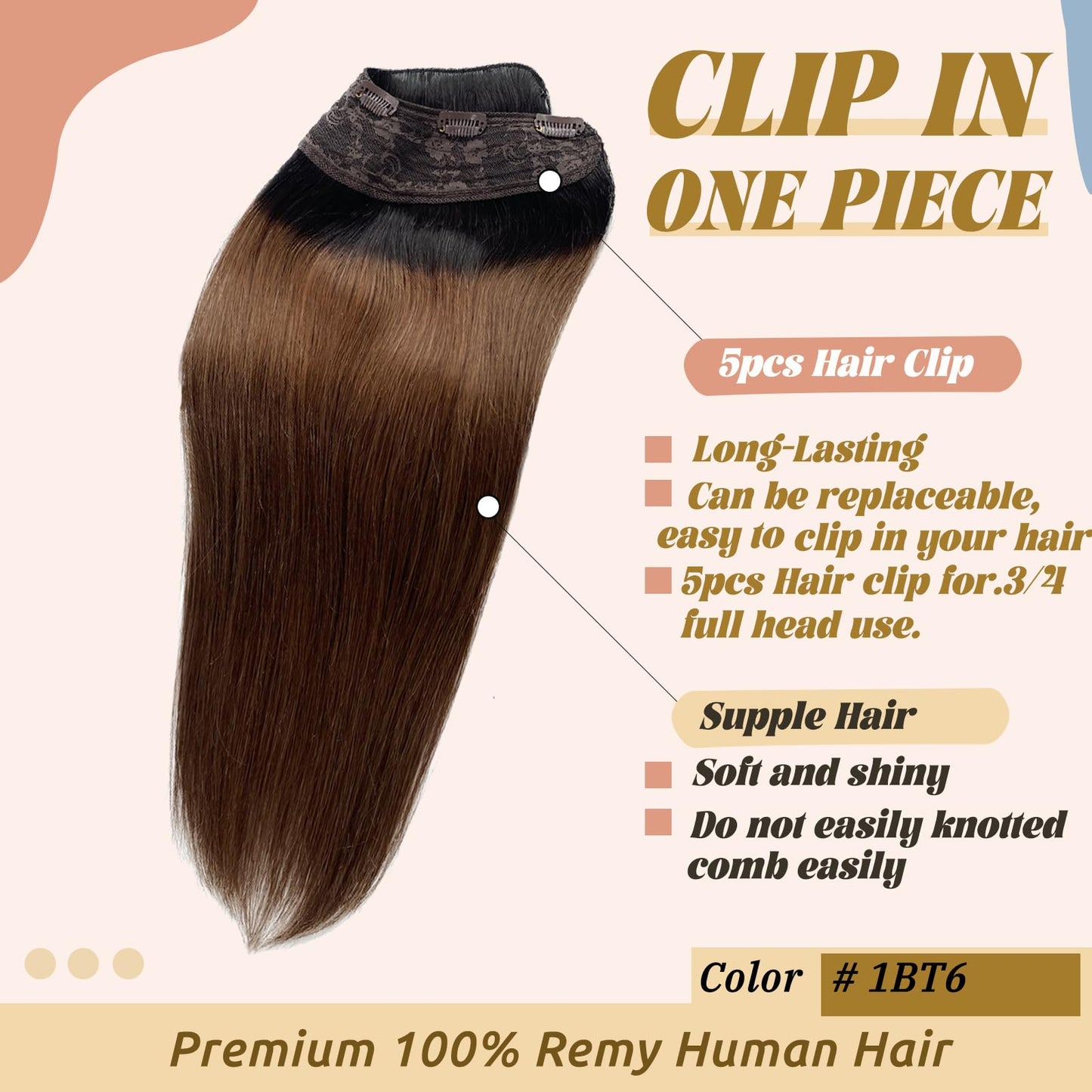 Brown Clip in Hair Extensions Real Human Hair,Highlight Ombre Clip in Human Hair Black Roots One Piece 5 Clips with 3/4 V-Shaped Double Weft Clip in Extensions Full Head for Women 16 Inch 80g(45cm)