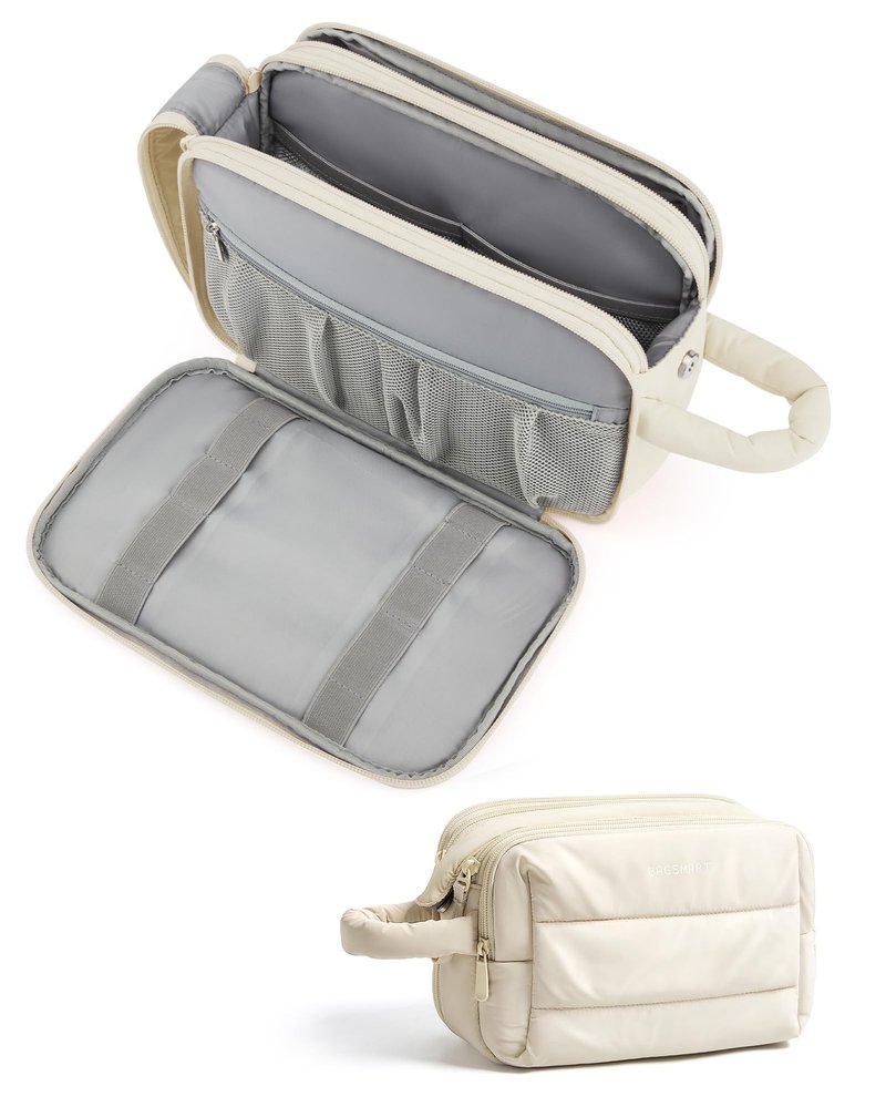BAGSMART Travel Toiletry Bag for Women, Puffy Cosmetic Makeup Bag Organizer, Large Wide-open Travel Organizer for Toiletries, Dopp Kit Water-resistant Makeup Case for Accessories-Beige