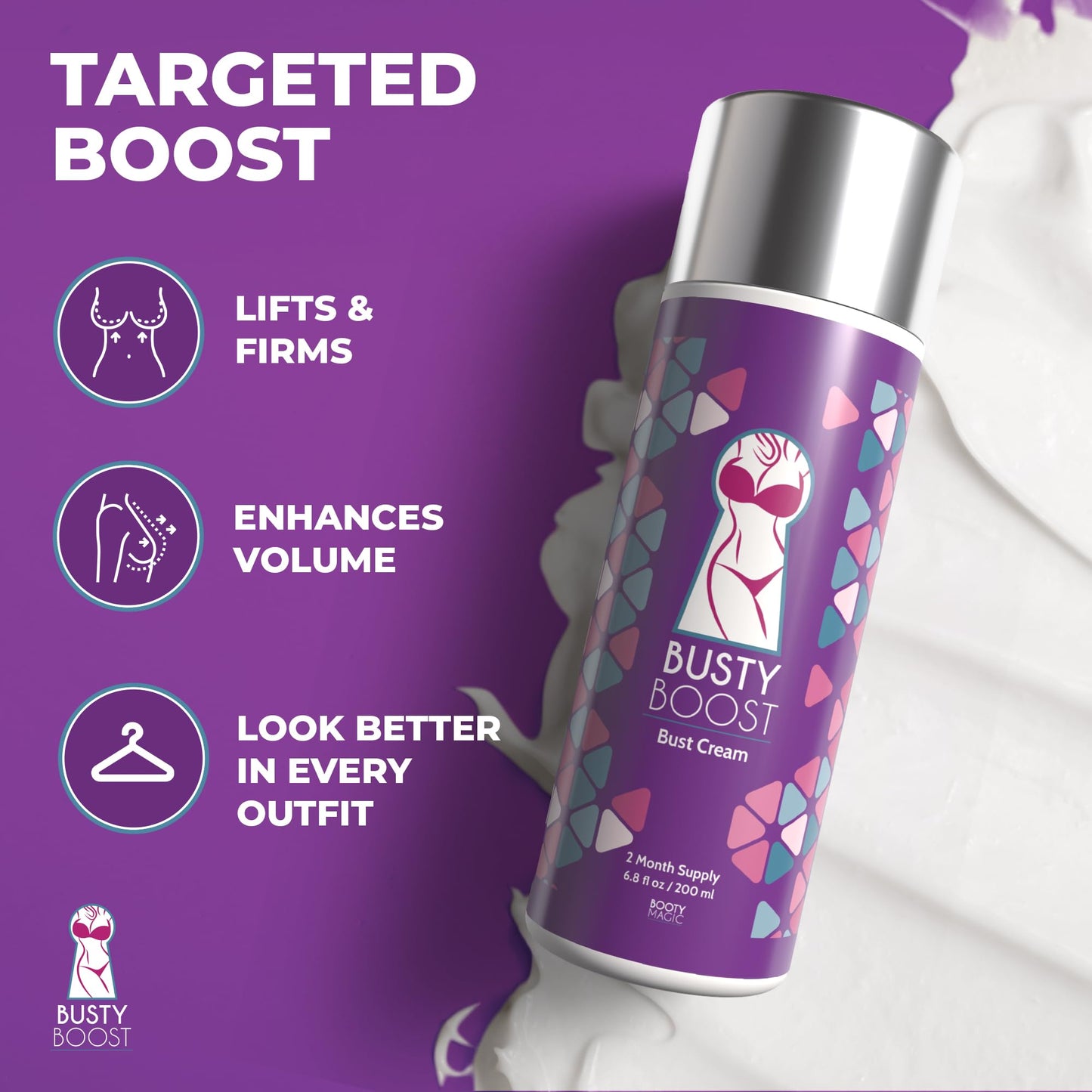 Busty Boost Breast Enhancement Cream – Natural Firming & Lifting Cream for Fuller, Firmer Breasts – Infused with Maca Root, Wild Yam, Guggul Resin & Gotu Kola – Made in the USA – (2 Month Supply)