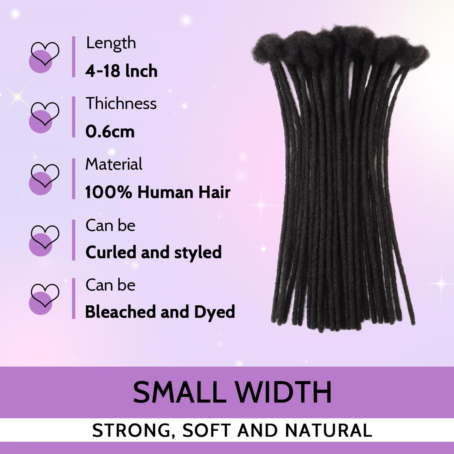 Loc Extensions Human Hair Dreadlock Extensions Human Hair Dreads Extensions for Men Women Kids Real Human Hair Locs Full Handmade Permanent Locs 0.6cm 6inch 30 Strands