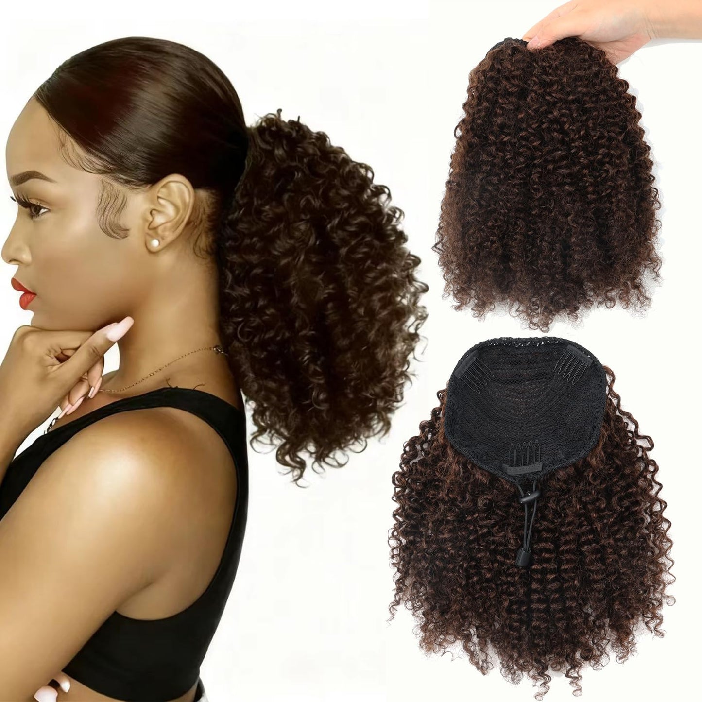 VADES Dark Brown Drawstring Ponytail for Black Women Color #2 Clip in Hair Extensions Kinky Curly Ponytail Extension Human Hair Fake Hair Ponytail 8 inch Short Hair Extension for Black Women