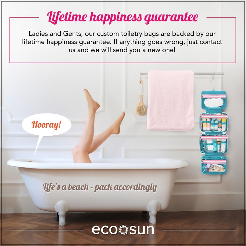 Eco Sun Hanging Travel Toiletry Bag — Designed in Hawaii — Water-Resistant Travel Organizer for Bathroom Accessories (Teal/Hot Pink)