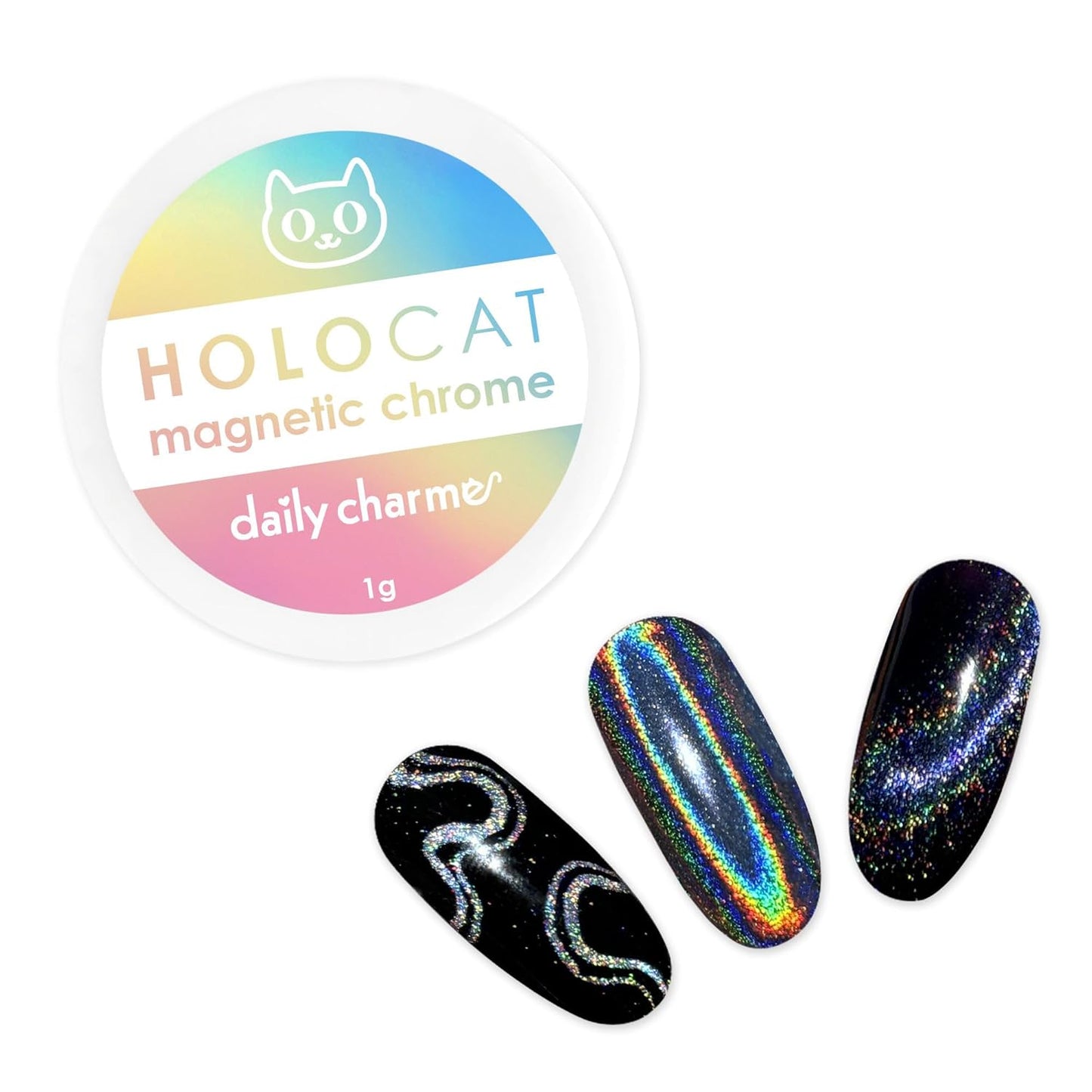 Holographic 3-in-1 Cat Eye Magnetic Nail Chrome Powder - DIY Nail Art, Holo Rainbow Effect | 1g, Holographic Silver