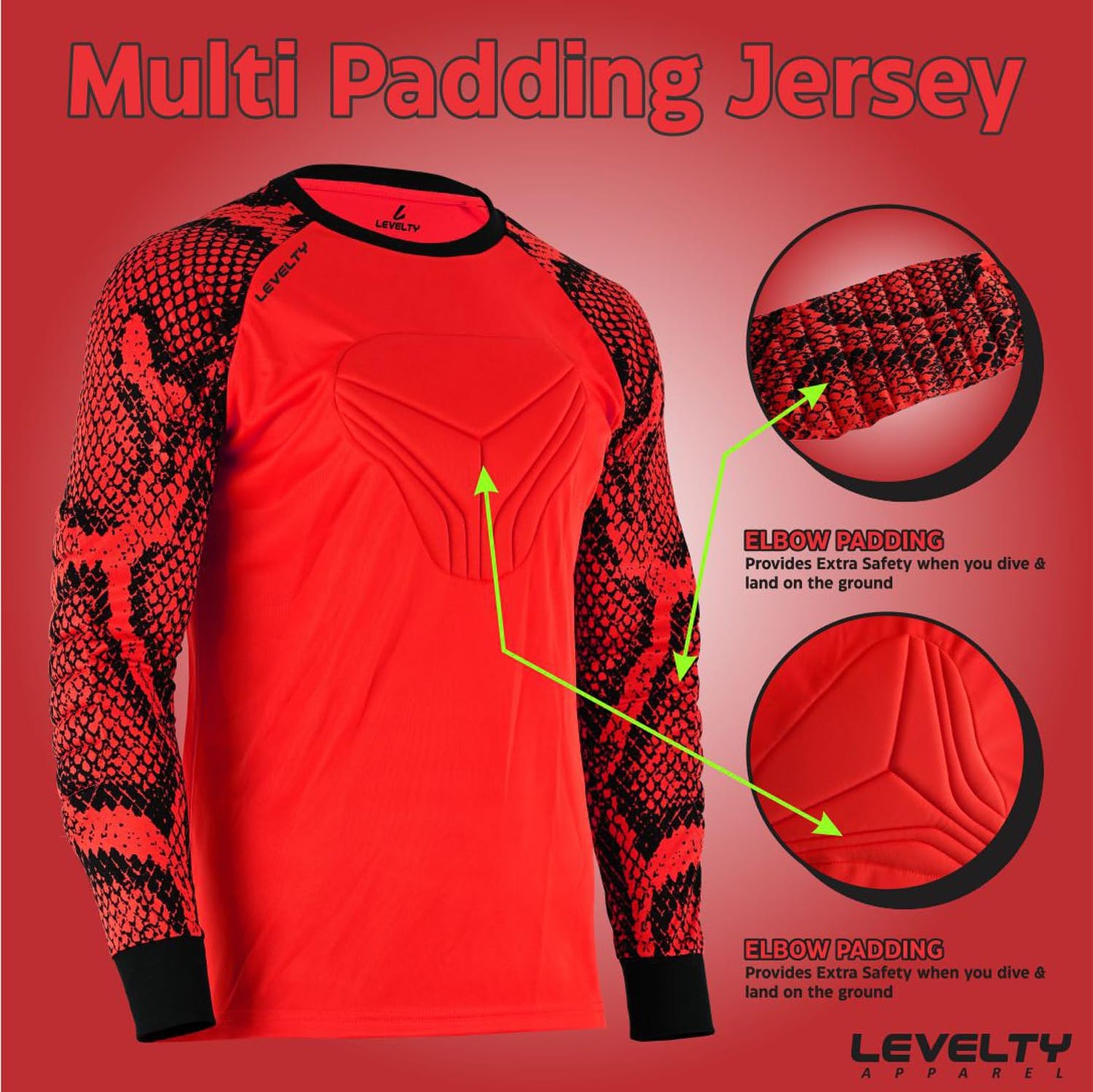 Levelty Soccer Goalkeeper Jersey Adult/Youth Elbow Padded Long Sleeve Goalie Shirt Men Women Kids Goalkeeper Jersey (Red - XS)