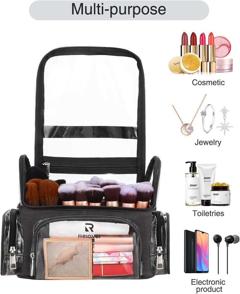 Clear Makeup Brush Case - Stand-Up Cosmetic Organizer for Professionals | Adjustable Divider & Strap - X-Large Black