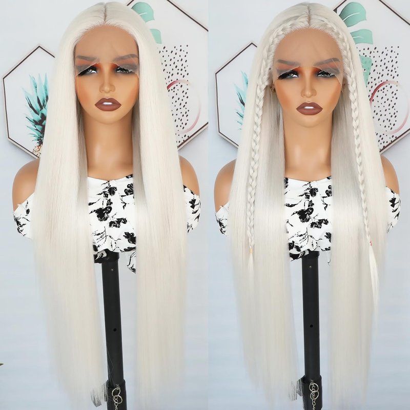 Lezaxiu 30 Inch Platinum White Lace Front Wigs Pre Plucked Long Straight Hair Wig Glueless White Colored Wigs Heat Resistant Synthetic Lace Front Wigs for Black Women