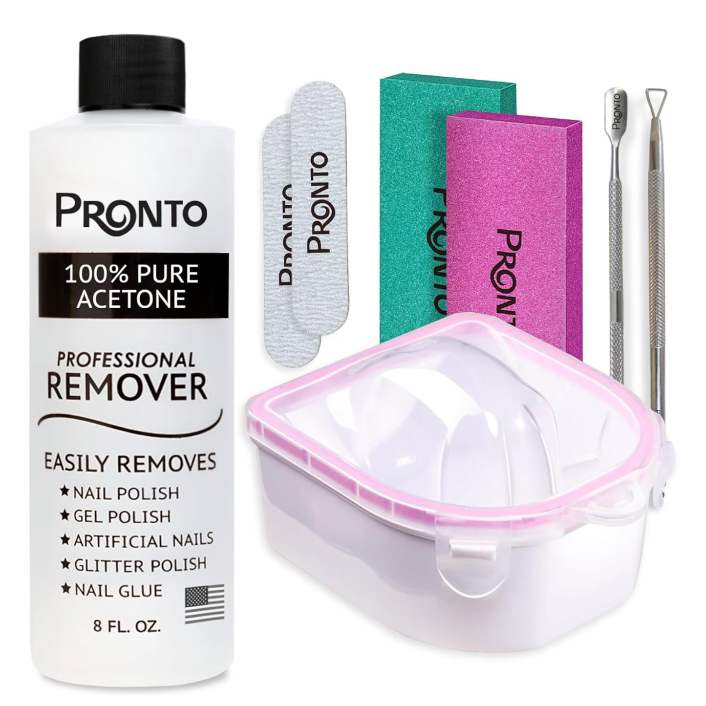 Pronto Gel Nail Polish Remover Kit - 8 Oz Pure Acetone | Complete Nail Care Set with File, Soak Off Bowl & Buffer