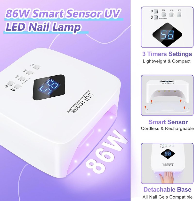 UV Nail Lamp - Cordless 86W Rechargeable Gel Nail Light with Auto Sensor & 3 Timer Settings | Professional Quick Dry for Home & Salon Use