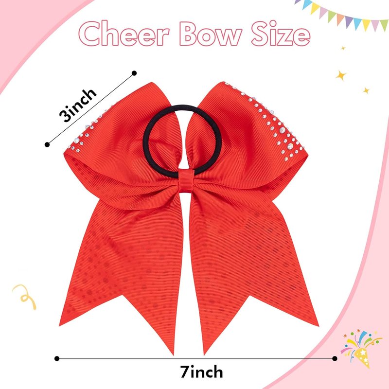 Rhinestone Cheer Bows - 10PCS Red Glitter Hair Bows for Girls | Large Elastic Ponytail Holders for Cheerleading & School Spirit