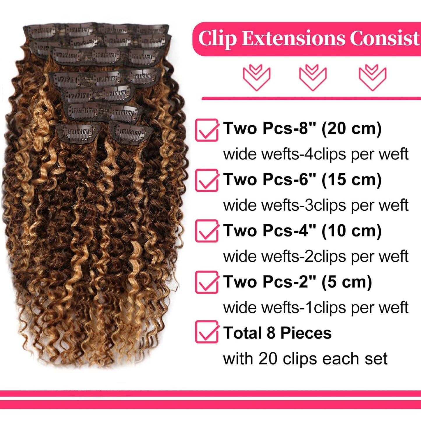 14 Inch Highlight P4/27 Kinky Curly Clip Ins Human Hair 110g 8pcs 20 Clips 3C 4A Curly Clip In Hair Extensions Real Human Hair Brazilian Virgin Hair Full Head for Women P4/27 Color