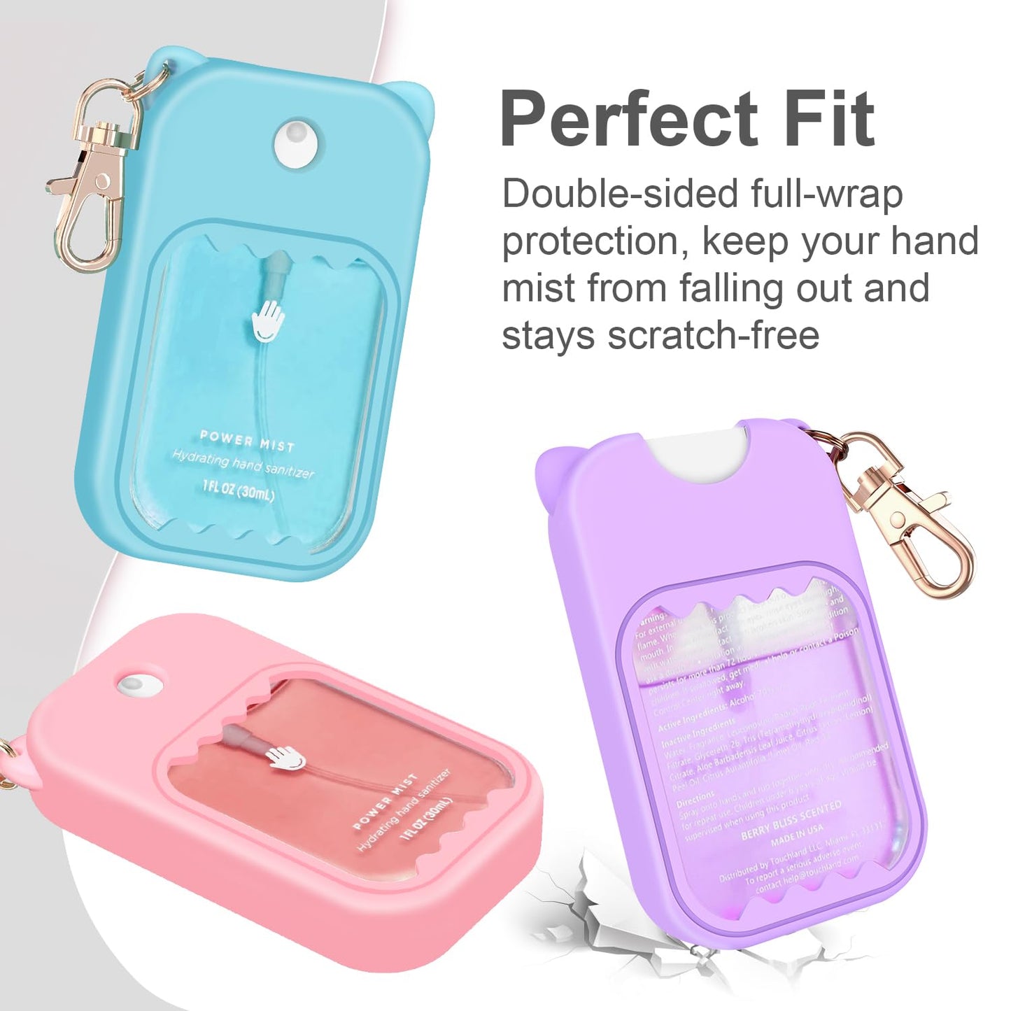 3Pcs Hand Sanitizer Spray Case for Touchland Silicone Touchland Case Keychain Cute Hand Sanitizer Holder Keychain Compatible with Touch land Power Mist Gentle/Glow Mist (Pink & Purple & Blue)