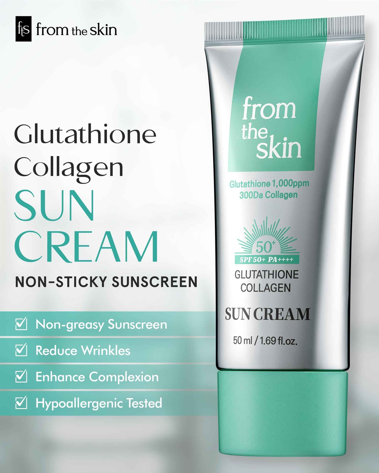 FROM THE SKIN Glutathione Collagen Sun Cream – SPF 50+ PA++++ Hydrating and Hypoallergenic Sunscreen Moisturizer for Radiant, Wrinkle Care - Non Greasy Silky Moisture Finish, 1.69oz.