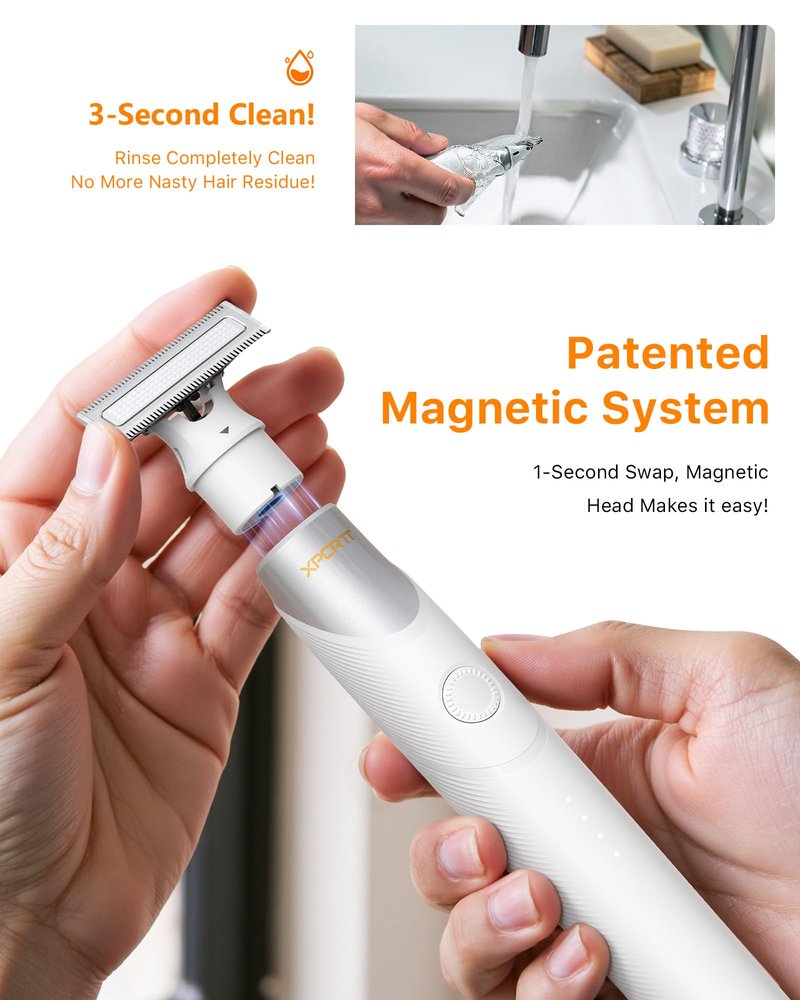 Trimcoo 2 in 1 Electric Body & Nose Hair Trimmer - Painless Beard Razor for Men, All-in-One Groomer with Magnetic Nose Hair Head, Waterproof Wet/Dry Groin/Ball Shaver,USB-C Fast Charging,White(Solo)