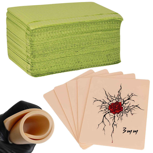 WZPB Tattoo Practice Skin with Dental Bibs 5Pcs Tattoo Fake Skin 3MM with 50Pcs Disposable Dental Bibs 13"*18" Chartreuse for Nail Salon, Dental Clinic, Tattoo Shop, Tattoo Beginners and Artists