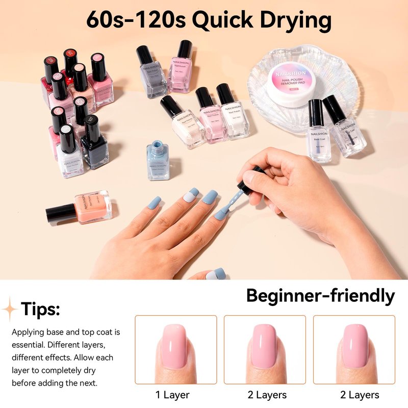 Nailshion Nude Gray Nail Polish Set Neutral 16 Colors with Base Top Coat Remover Pads, Nude Brown Burgundy Dusty Rose Fast Dry Fingernail Polish Set, Non-Gel, Rich in Castor Oil Nail Art Kit