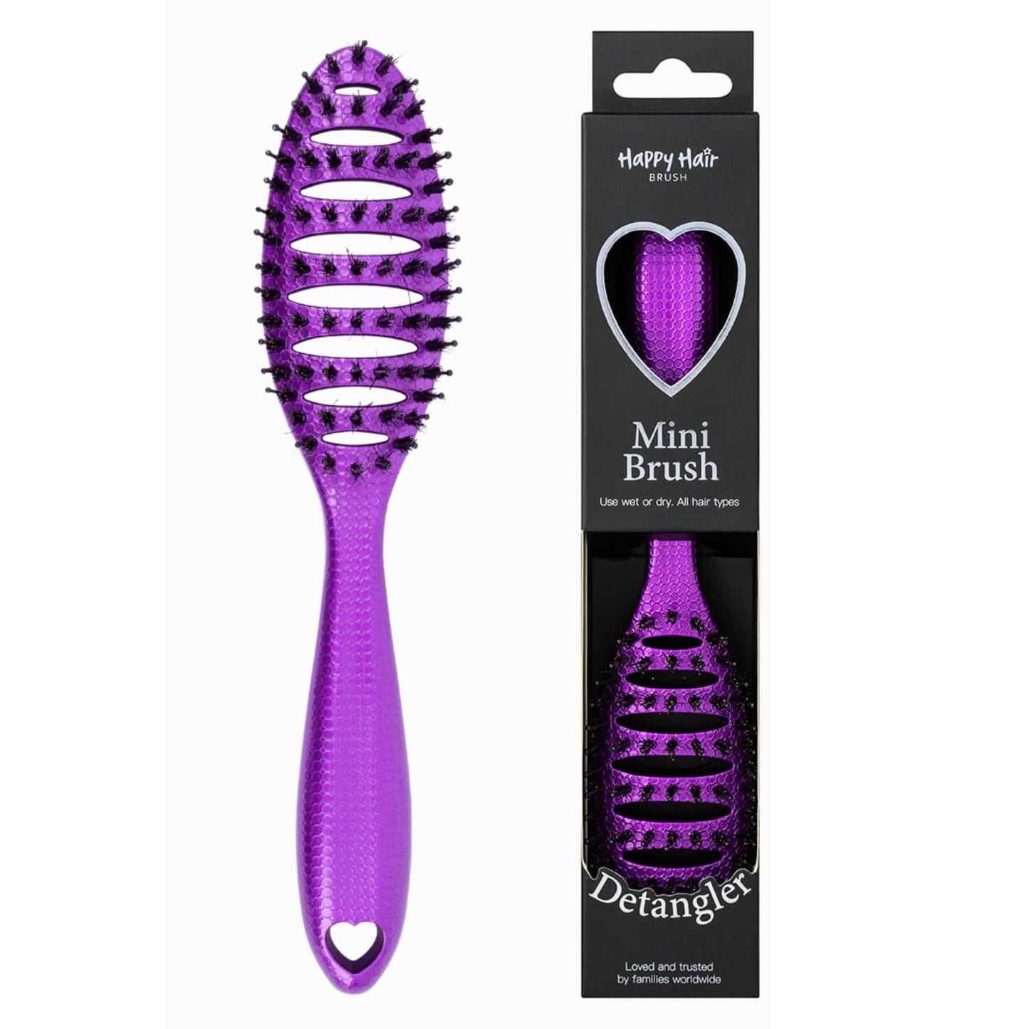 HAPPY HAIR Happy Detangler Mini Brush with Boar Bristles & Nylon Pins | Designed by Women to Detangle & Smooth Thick, Fine or Curly Hair | Pain-Free Slick Back Brush, Compact & Lightweight (Purple)